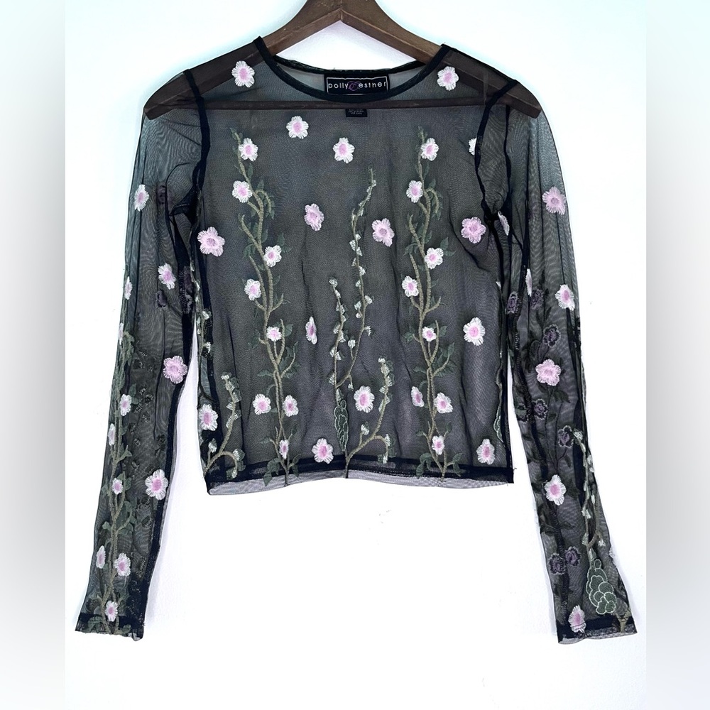 Polly & Esther Embroidered Floral Sheer Cropped Top Black Size XS
